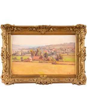 636-ÉDOUARD PAIL (Corbigny, 1851- Villeneuve-le-Roy, 1916) “Paisaje con pueblo” Firmado en ángulo inferior derecho. Óleo sobre lienzo. Medidas: 25,5 x 40 cm.