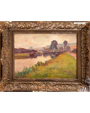 637-ÉDOUARD PAIL (Corbigny 1851- Villeneuve-le-Roy 1916) Paisaje con río  Firmado en ángulo inferior derecho. Óleo sobre lienzo. Medidas: 33 x 46 cm. 