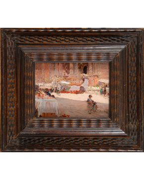 2263-JULIO PERIS BRELL (Valencia1866- 1944) Mañana de mercado en Valencia" Firmado y fechado en 1922. Óleo sobre tabla. Medidas: 15 x 20 cm."