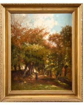 2262-LÉON NOËL (París 1807-1884) “Paisaje con bosque Firmado en ángulo inferior izquierdo. Óleo sobre lienzo. Medidas: 60 x 48 cm."