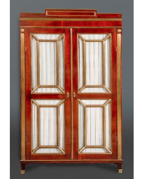 751-Armario de doble puerta, Rusia, s. XIX.  En madera de caoba con filos en latón dorado. Frente acristalado. Medidas: 175x36x108 cm. 