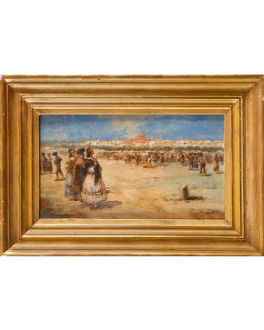 976-ATRIBUIDO A FRANCESC NAVARRO FABREGA (1837-1901) Paseo en Sevilla  Óleo sobre tabla. Firmado en el ángulo inferior izquierdo Medidas: 45 x 25 cm. 