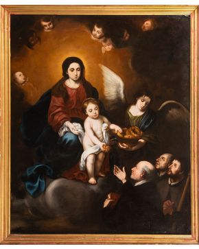 512-JUAN MARTÍNEZ DE GRADILLA (Córdoba, 1635-1692) La Virgen con el Niño ofreciendo pan a los Venerables Sacerdotes  Óleo sobre lienzo. Medidas: 209 x 170 cm.  Atribución del Dr. D. Enriqu