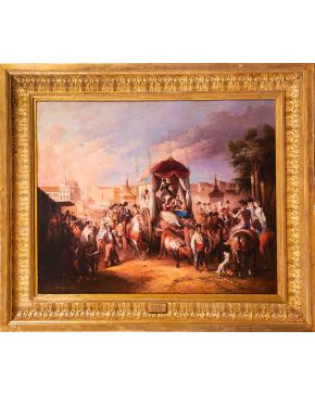 978-MANUEL RODRIGUEZ DE GUZMÁN (Sevilla 1818 - Madrid 1867) Feria de Mairena del Alcor  Óleo sobre lienzo. Firmado en ángulo inferior izquierdo.  Medidas: 84 x105 cm.  Atribución del Dr