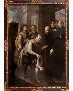 572-JUAN SIMÓN GUTIERREZ (Medina Sidonia, 1644- Sevilla, 1718) San Ignacio recibiendo a San Francisco de Borja en la Casa Profesa de Roma  Óleo sobre lienzo. Firmado. Medidas: 213 x 147 cm