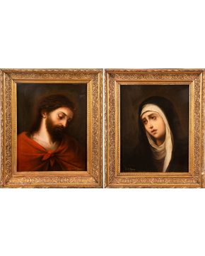 1061-JOSÉ MARÍA ROMERO Y LÓPEZ (Sevilla, 1825-1880) Pareja  de pinturas Cristo  y la  Virgen  Óleo sobre lienzo. Firmados los dos. Medidas: 54 x 41 cm.  