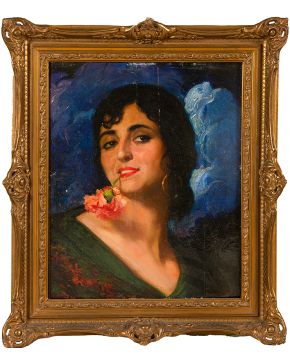 977-MANUEL BENEDITO (Valencia, 1875- Madrid, 1963) Retrato de Gitana  Óleo sobre lienzo. Firmado. Medidas: 47 x 38 cm.  