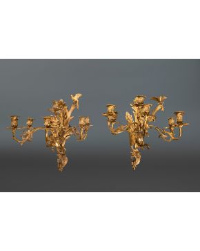 769-Pareja de apliques en bronce dorado de seis luces estilo Luis XV, Francia s.XIX. Doración de flores, elementos vegetales y aves en bulto redondo. Altura: 45 cm.