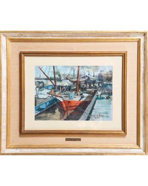 365-JULIÁN IBAÑEZ DE ALDECOA (Berriatua 1866 - Buenos Aires, 1952) Puerto  Óleo sobre papel adherido a cartón Firmado Medidas: 25.5 x 36 cm  