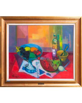 2350-JOSÉ PALMEIRO (Madrid 1903 - Francia, 1984) La sandía. Bodegón de frutas" Óleo sobre lienzo Firmado y fechado en 1975. Medidas: 60 x 73 cm. "