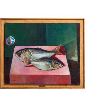 2349-JUAN CABANAS ERAUSQUIN (Asteasu, 1907-1979) Bodegón de pescado" Óleo sobre lienzo. Medidas: 65 x 81 cm."