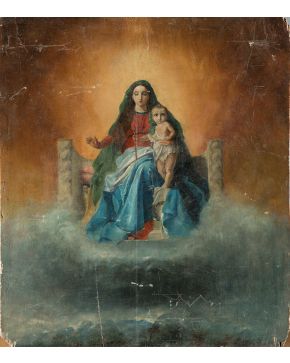 2071-ESCUELA ESPAÑOLA S.XX  Virgen con niño Óleo sobre lienzo. Medidas: 45 x 39 cms"