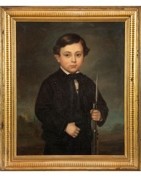 1116-ATRIBUIDO A ANTONIO MARÍA ESQUIVEL (1806-1857) “Retrato de niño con bayoneta” Óleo sobre lienzo. Medidas: 65 x 50 cm.