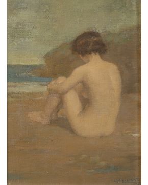 1175-ANSELMO MIGUEL NIETO (Valladolid, 1881- Madrid,1964) Mirando al mar Óleo sobre tabla. Firmado y datado en 1928 en ángulo inferior derecho. Medid"