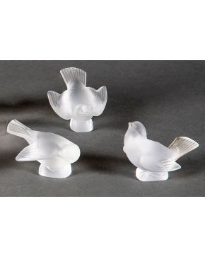 880-LALIQUE Juego de tres palomas en cristal esmerilado. Una consolidada. Altura mayor: 11 cm. 