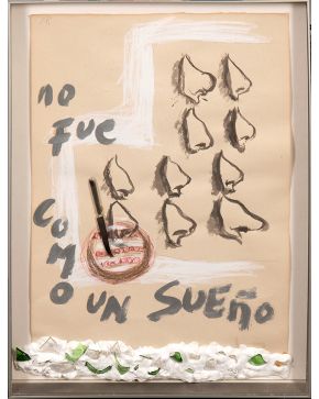 124-RAFAEL FEO (Madrid 1946-2006) No fue como un sueño Gouache, lápices de colores, escayola, cristales sobre papel Firmado y titulado "No fue como u"