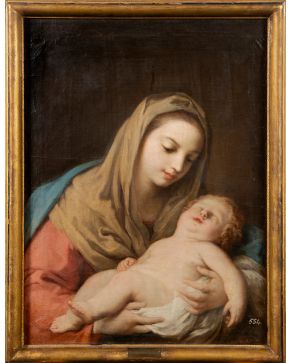 784-Mariano Salvador MAELLA (Valencia, 1738- Madrid, 1819) Virgen con el Niño Óleo sobre lienzo. Medidas: 78 x 57 cm.   El clasicismo que emana de la"