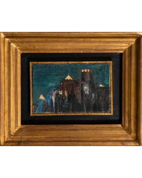 70-ÓSCAR DOMÍNGUEZ  (La Laguna, Tenerife, 1906 - París 1957). “La ville, la nuite”.1954 Óleo sobre lienzo Medidas: 14 x 22 cm, 32 x 40 cm (con marco) 