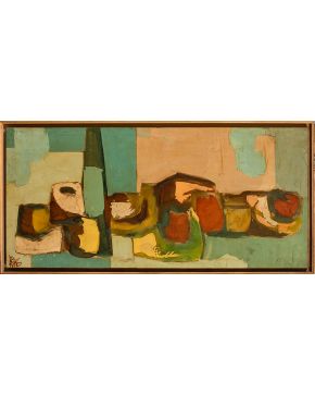 103-ELENA ASINS (Madrid 1940-Azpíroz, Navarra 2015) Sin título. c.1962 Óleo sobre cartón adherido a tabla  Firmado Medidas: 40 x 88,5 cm."