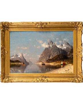 1000-NORMANN ADELSTEEN (Bodin, Noruega, 1848 – 1918) Fiordo Noruego Óleo sobre lienzo. Medidas: 63 x 95 cm."