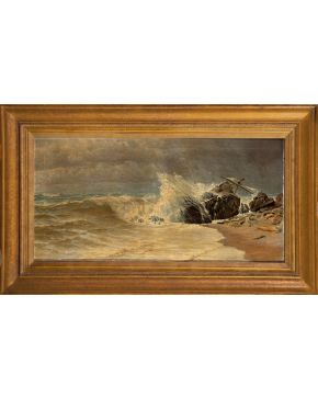 1119-EMILIO OCÓN RIVAS (Málaga, 1845-Málaga, 1904). Naufragio Óleo sobre lienzo. Medidas: 54 x 1,10 cm."