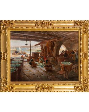 571-ENRIQUE SIMONET LOMBARDO (Valencia, 1866-Madrid, 1927) Mercado de pescado. Puerto de Vigo Óleo sobre lienzo. Medidas: 56 x 77 cm."