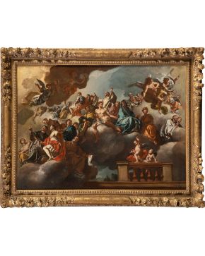 797-FRANCESCO SOLIMENA (Canale di Serino, 1657 - Barra, Nápoles,1747) Santos en gloria Óleo sobre lienzo. Medidas: 74 x 1,04 cm.  Estamos ante una co"