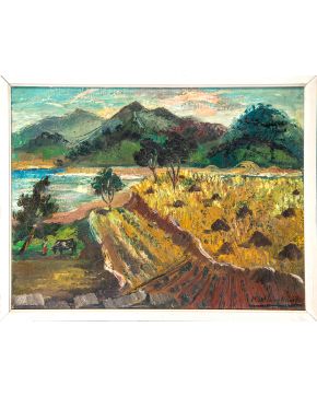 30-CIRILO MARTÍNEZ NOVILLO (Madrid 1921-2008) Paisaje montañoso con lago. c. 1955 Óleo sobre lienzo Firmado Medidas: 55 x 61 cm."