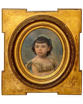 1042-ESCUELA ESPAÑOLA “Retrato de niña con lazo azul” Óleo sobre lienzo. Firmado “J. de B. 1882” Medidas: 30 x 25 cm.