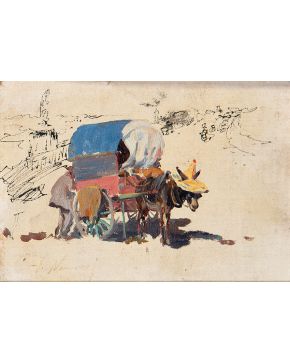 612-JOSÉ NAVARRO (1804-1884) Boceto Carro tirado por el burro Óleo sobre cartón. Medidas: 9 x 12 cm. "