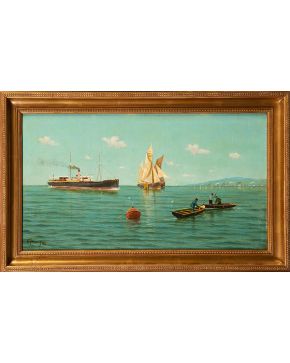 702-ESCUELA ESPAÑOLA S. XX Vista de barcos en la mar Firmado "A. Jiménez" y fechado en 1912 Lienzo pegado a tabla. Medidas: 38 x 72 cm."