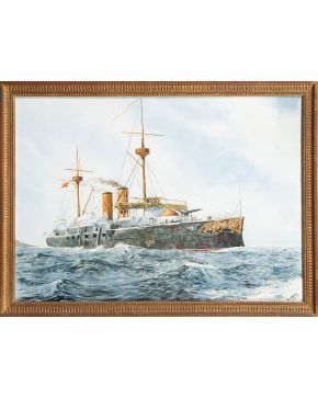 689-ESCUELA ESPAÑOLA S. XIX El Vizcaya surcando la mar Firmado. Acuarela sobre papel. Medidas: 49 x 72 cm."