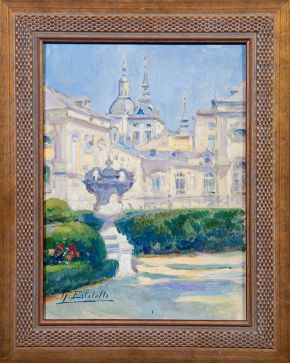 462-RAMÓN ESTALELLA PUJOLÁ  (Madrid,1893 - 1986) Vista del palacio de La Granja Óleo sobre tabla. Medidas: 32 x 23 cm. "