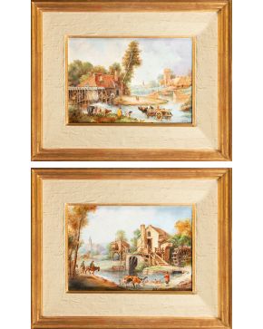 1232-SÈVRES Pareja de placas de procelana enmarcadas decoradas con escenas campestres de molino y granja pintados a mano. Firmadas Medidas: 23x34 cm 