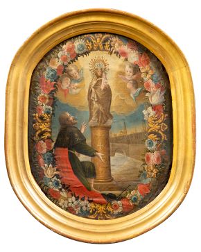 1348-ESCUELA ESPAÑOLA S.XVIII Virgen del Pilar y Santiago Apóstol Óleo sobre lienzo. Medidas: 46 x 36 cm. "