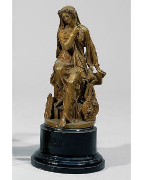 2115-Alegoría de la música, figura en bronce dorado de Escuela Francesa ffs. sig XIX, firmada R. MARSE. Sobre peana de madera ebonizada.