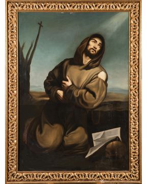 2280-SIGUIENDO MODELOS DE FRANCISCO DE ZURBARÁN S. XVIIISan Francisco de AsísÓleo sobre lienzo.Medidas: 157 x 107 cm.