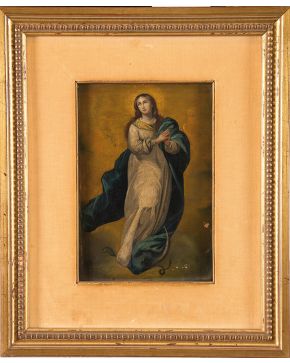 2199-SIGUIENDO MODELOS DE BATOLOMÉ ESTEBAN MURILLO S. XXInmaculada Concepción. Óleo sobre tablex.Medidas: 25 x 17 cm.