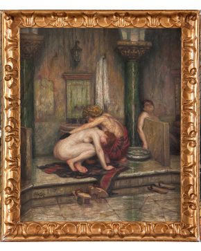 2296-ALBERT MILLE (Estambul, 1872-1946)El baño turcoÓleo sobre cartón.Firmado en el ángulo inferior izquierdo Albert Mille