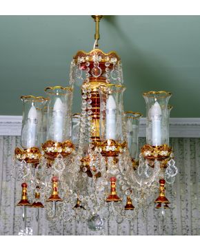 992-Elegante lámpara chandelier de 10 luces con faroles estilo Baccarat decorado por lágrimas de cristal tallado y pandelocas, cadenas y cad