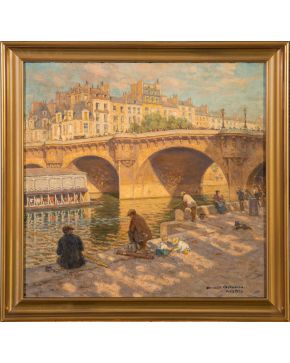 1345-ERNESTO GUTIERREZ HERNÁNDEZ (Granada, 1973-1934) Vista del Pont Neuf en París Óleo sobre tablex.  Firmado y fechado en 1926. 