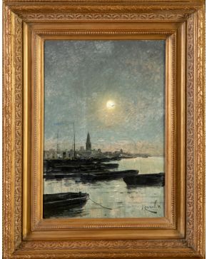 793-ELISEO MEIFREN ROIG (Barcelona 1859-1940)  Puerto nocturno.  Óleo sobre lienzo. Firmado y fechado en 1888. Medidas: 56 x 38