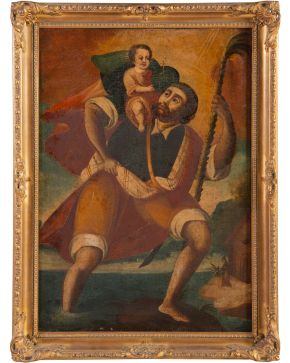 1181-ESCUELA VIRREINAL S.XVII “San Cristóbal con el Niño” Óleo sobre lienzo.  Medidas: 81x 56 cm. 