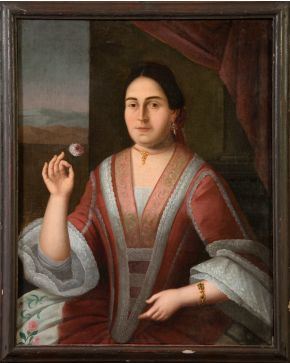 423-ESCUELA VIRREINAL S. XVIII “Retrato Dama del Virreinato de la Nueva España con paisaje”  Óleo sobre lienzo. Medidas: 89 x 69 cm