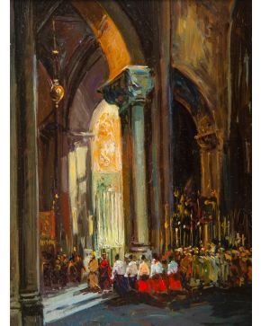 2316-ESCUELA ESPAÑOLA, S. XX“Interior de Iglesia”Óleo sobre lienzo.Medidas: 15 x 12 cm.