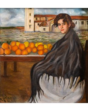 1420-ANTONIO ORTIZ ECHAGUE (Guadalajara, 1883 -1942)  “Vendedora de naranjas” Óleo sobre lienzo  Medidas: 110 x 105 cm.