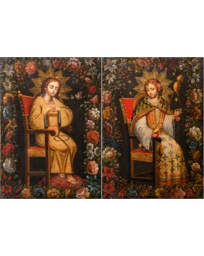 1242-ESCUELA COLONIAL S. XIX Pareja de pinturas Niño Jesús con la corona de espinas y la Virgen Niña hilando Óleo sobre lienzo. 