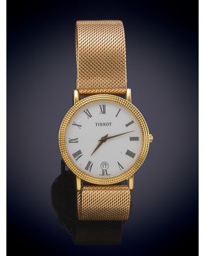 1092-TISSOT" RELOJ DE PULSERA, AÑOS 80. CAJA Y BRAZALETE MALLA EN ORO AMARILLO DE 18K. MOVIMIENTO MECÁNICO MANUAL. Esfera bla