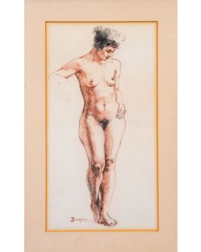 409-ANDRÉS BARAJAS (Huelma, Jáen 1941) Desnudo".  Dibujo a sanguina y carbonci