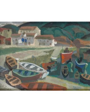 63-NICOLÁS MARTÍNEZ ORTIZ (Bilbao 1907-1991) Puerto pesquero" Gouache sobre p